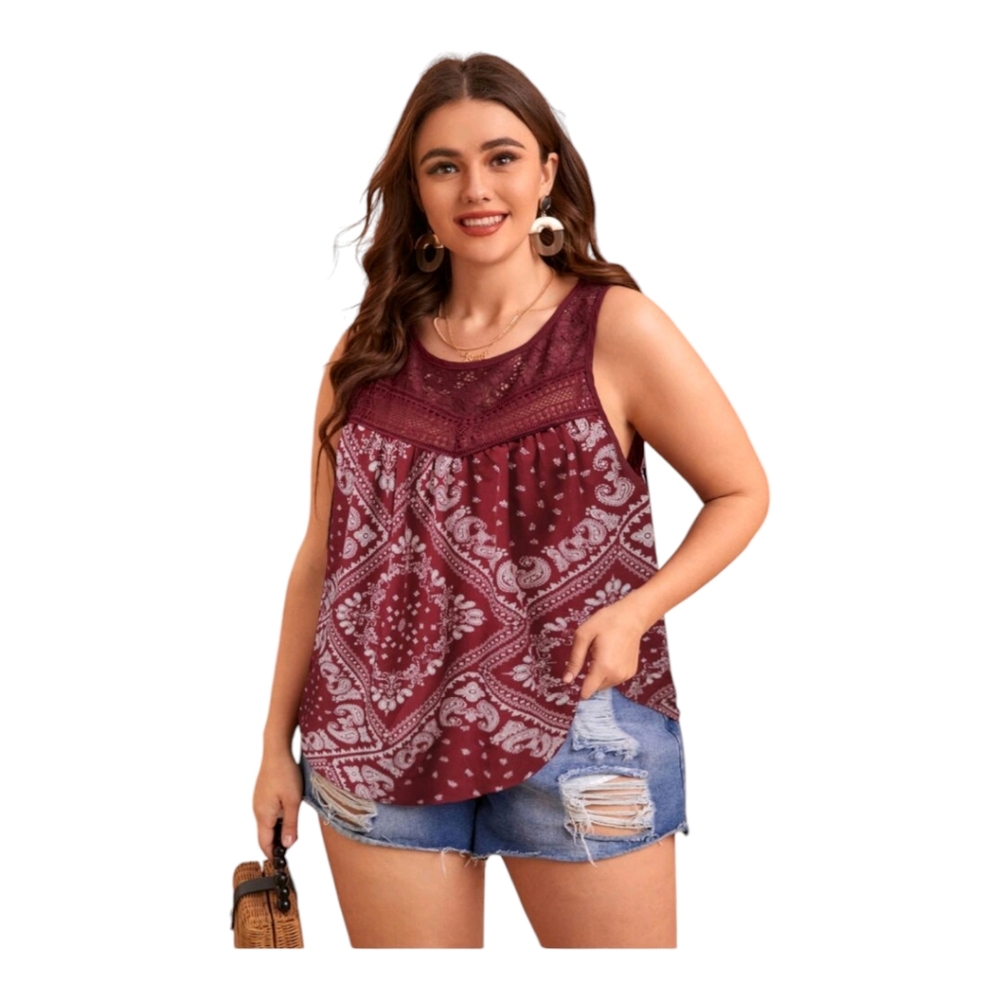 SHEIN LUNE Plus Paisley Scarf Print Contrast Lace Tank Top 4X